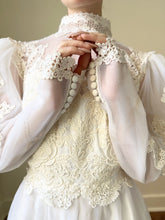 Load image into Gallery viewer, 70s Embroidered Lace Puff Sleeve Victorian Style Wedding Dress (XS/S)