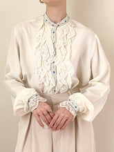 Load image into Gallery viewer, 1970s Ruffle Blue Embroidered Ribbon Trim Blouse (M)