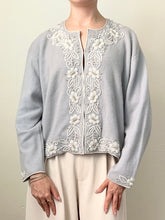 Load image into Gallery viewer, Baby Blue 1950s Beaded Pearl Cardigan Sweater (S)