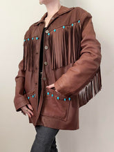 Load image into Gallery viewer, Brown Leather Southwestern Fringe Jacket (M)