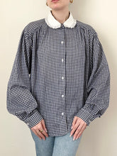 Load image into Gallery viewer, Navy Blue Gingham Button Up Peter Pan Collar Blouse (M)