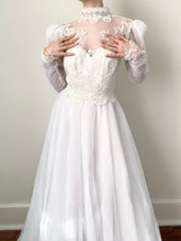 Load image into Gallery viewer, 70s Embroidered Lace Puff Sleeve Victorian Style Wedding Dress (XS/S)