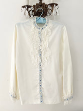 Load image into Gallery viewer, 1970s Ruffle Blue Embroidered Ribbon Trim Blouse (M)