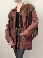 Load image into Gallery viewer, Brown Leather Southwestern Fringe Jacket (M)