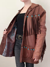 Load image into Gallery viewer, Brown Leather Southwestern Fringe Jacket (M)