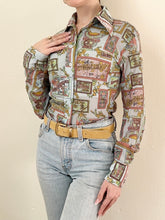 Load image into Gallery viewer, Rare 1970s Stained Glass Window Illustration French Disco Print Novelty Blouse (XS)
