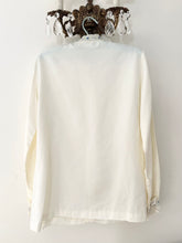 Load image into Gallery viewer, 1970s Ruffle Blue Embroidered Ribbon Trim Blouse (M)