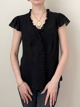 Load image into Gallery viewer, Romantic Black Silk Ruffle Button Up Blouse (6)