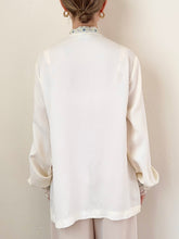 Load image into Gallery viewer, 1970s Ruffle Blue Embroidered Ribbon Trim Blouse (M)