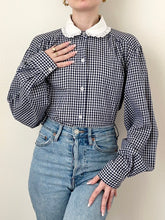 Load image into Gallery viewer, Navy Blue Gingham Button Up Peter Pan Collar Blouse (M)