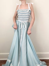 Load image into Gallery viewer, 1970s Baby Blue Lace Ruffle Coquette Cotton Gown Ribbon Dress (XS)