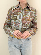 Load image into Gallery viewer, Rare 1970s Stained Glass Window Illustration French Disco Print Novelty Blouse (XS)