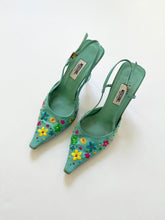 Load image into Gallery viewer, Groovy Blue Moschino Silk Embroidered Flower Heels (8, 8.5)