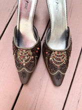 Load image into Gallery viewer, 2000s Chocolate Brown Satin Beaded Sequin Pointed Kitten Heel Mules (11)