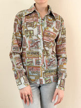 Load image into Gallery viewer, Rare 1970s Stained Glass Window Illustration French Disco Print Novelty Blouse (XS)