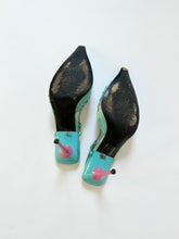 Load image into Gallery viewer, Groovy Blue Moschino Silk Embroidered Flower Heels (8, 8.5)