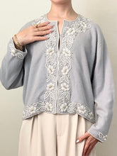 Load image into Gallery viewer, Baby Blue 1950s Beaded Pearl Cardigan Sweater (S)