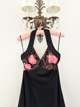 Load image into Gallery viewer, 70s Black Floral Halter Dress (S)
