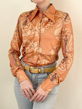 Load image into Gallery viewer, Vintage 1970s Art Nouveau Disco Print Novelty Button Down Blouse (XS/S)
