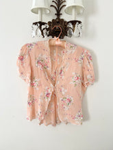 Load image into Gallery viewer, Peach Pink Floral Puff Sleeve Antique 1930s 1940s Silk Tie Bed Jacket Blouse (S/M)