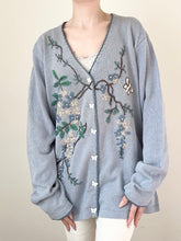 Load image into Gallery viewer, Blue Embroidered Vintage Flowers and Butterfly Cardigan Sweater (L)
