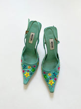 Load image into Gallery viewer, Groovy Blue Moschino Silk Embroidered Flower Heels (8, 8.5)