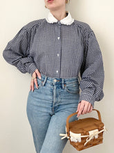Load image into Gallery viewer, Navy Blue Gingham Button Up Peter Pan Collar Blouse (M)