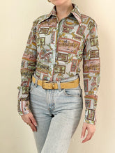 Load image into Gallery viewer, Rare 1970s Stained Glass Window Illustration French Disco Print Novelty Blouse (XS)