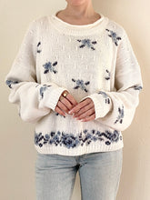 Load image into Gallery viewer, 80s 90s White and Blue Floral Knit Sweater (M)