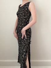 Load image into Gallery viewer, 1990s Black Grape Print Lace Slit Slip Dress (S)