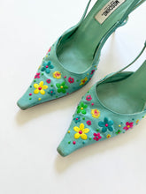 Load image into Gallery viewer, Groovy Blue Moschino Silk Embroidered Flower Heels (8, 8.5)