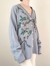 Load image into Gallery viewer, Blue Embroidered Vintage Flowers and Butterfly Cardigan Sweater (L)