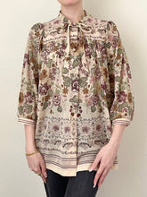 Load image into Gallery viewer, 1970s Brown Floral Button Up Pussy Bow Blouse (M)