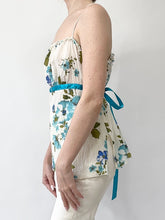 Load image into Gallery viewer, 90s Blue Watercolor Floral Tie Milkmaid Blouse (M)