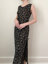 Load image into Gallery viewer, 1990s Black Grape Print Lace Slit Slip Dress (S)