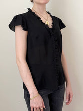 Load image into Gallery viewer, Romantic Black Silk Ruffle Button Up Blouse (6)