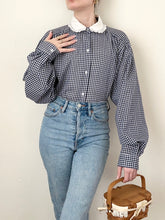 Load image into Gallery viewer, Navy Blue Gingham Button Up Peter Pan Collar Blouse (M)