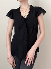 Load image into Gallery viewer, Romantic Black Silk Ruffle Button Up Blouse (6)