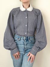 Load image into Gallery viewer, Navy Blue Gingham Button Up Peter Pan Collar Blouse (M)