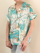Load image into Gallery viewer, 1980s Funky Blue Button Up Blouse (S)