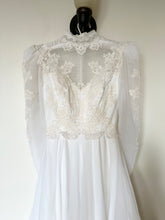 Load image into Gallery viewer, 70s Embroidered Lace Puff Sleeve Victorian Style Wedding Dress (XS/S)