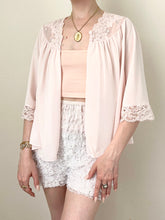 Load image into Gallery viewer, Pink Silky Lace Trim 1960s Princess Belle Sleeve Bed Jacket (S)