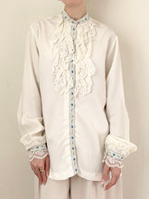 Load image into Gallery viewer, 1970s Ruffle Blue Embroidered Ribbon Trim Blouse (M)