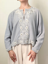 Load image into Gallery viewer, Baby Blue 1950s Beaded Pearl Cardigan Sweater (S)