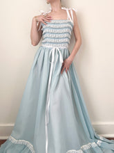Load image into Gallery viewer, 1970s Baby Blue Lace Ruffle Coquette Cotton Gown Ribbon Dress (XS)