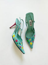Load image into Gallery viewer, Groovy Blue Moschino Silk Embroidered Flower Heels (8, 8.5)