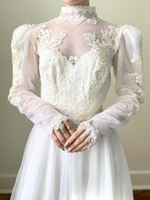 Load image into Gallery viewer, 70s Embroidered Lace Puff Sleeve Victorian Style Wedding Dress (XS/S)