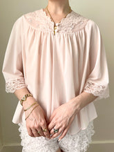 Load image into Gallery viewer, Pink Silky Lace Trim 1960s Princess Belle Sleeve Bed Jacket (S)