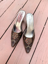 Load image into Gallery viewer, 2000s Chocolate Brown Satin Beaded Sequin Pointed Kitten Heel Mules (11)