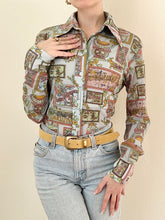 Load image into Gallery viewer, Rare 1970s Stained Glass Window Illustration French Disco Print Novelty Blouse (XS)